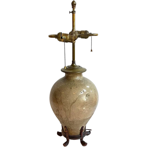 Large Chinese Tang Pottery Wan Nian Jar Two-Light Table Lamp