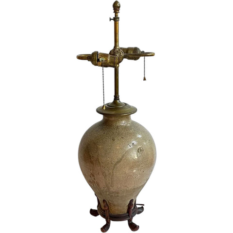 Large Chinese Tang Pottery Wan Nian Jar Two-Light Table Lamp