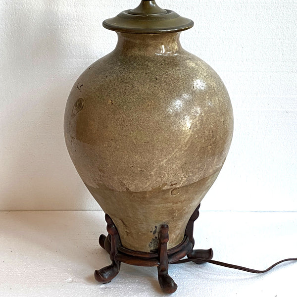 Large Chinese Tang Pottery Wan Nian Jar Two-Light Table Lamp