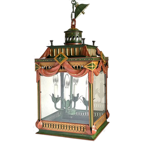 Vintage Painted Toleware and Glass Four-Light Pendant Lantern