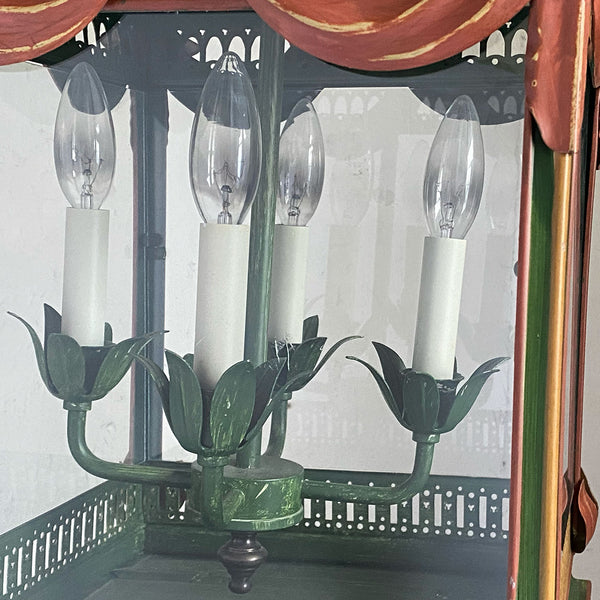 Vintage Painted Toleware and Glass Four-Light Pendant Lantern