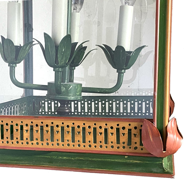 Vintage Painted Toleware and Glass Four-Light Pendant Lantern