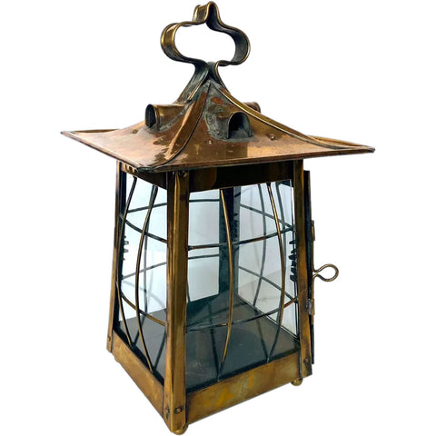 English Art Nouveau Brass and Glass Candle Portable Lantern