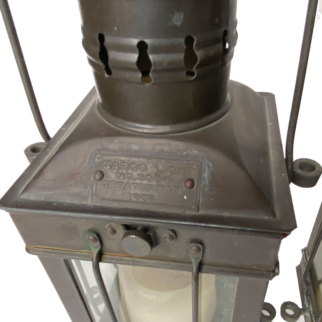 Pair of Vintage British Brass and Glass Cargo Light No. 3954 Ship Lanterns