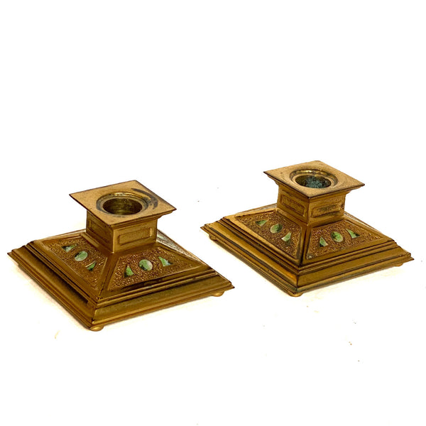 Pair American Louis C. Tiffany Furnaces Favrile Bronze Dore Enamel Candleholders