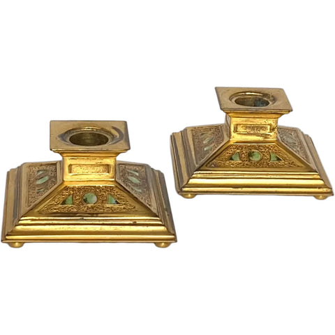 Pair American Louis C. Tiffany Furnaces Favrile Bronze Dore Enamel Candleholders