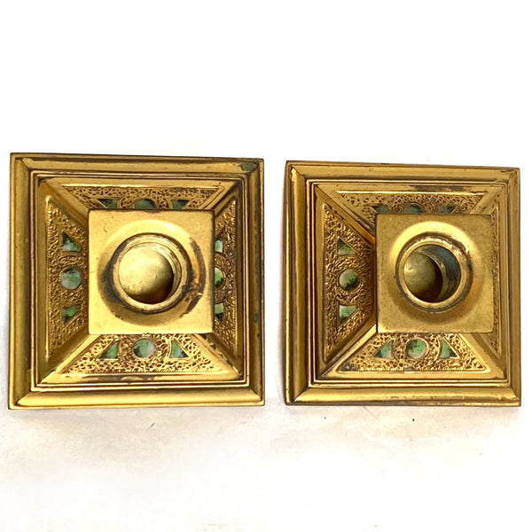 Pair American Louis C. Tiffany Furnaces Favrile Bronze Dore Enamel Candleholders