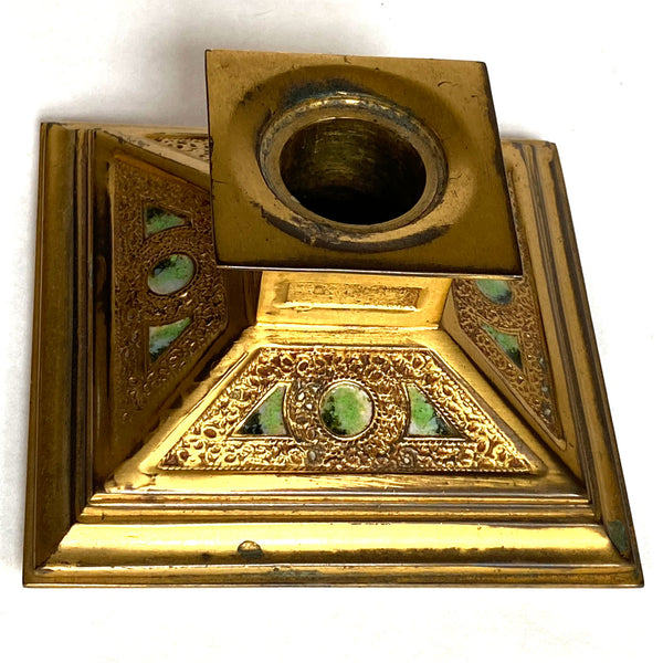 Pair American Louis C. Tiffany Furnaces Favrile Bronze Dore Enamel Candleholders