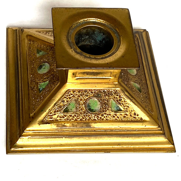 Pair American Louis C. Tiffany Furnaces Favrile Bronze Dore Enamel Candleholders