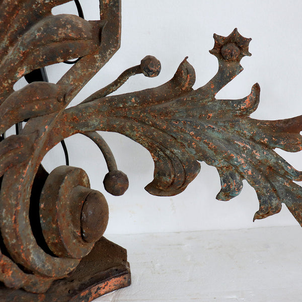 Near Pair of Large French Wrought Iron Foliate Scroll Three-Light Sconces