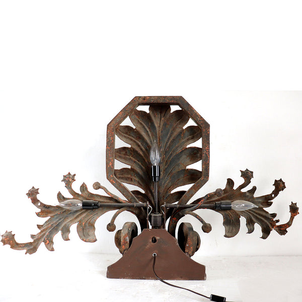Near Pair of Large French Wrought Iron Foliate Scroll Three-Light Sconces