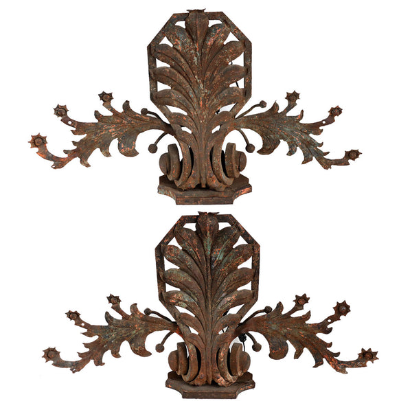 Near Pair of Large French Wrought Iron Foliate Scroll Three-Light Sconces