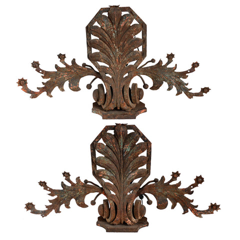 Near Pair of Large French Wrought Iron Foliate Scroll Three-Light Sconces