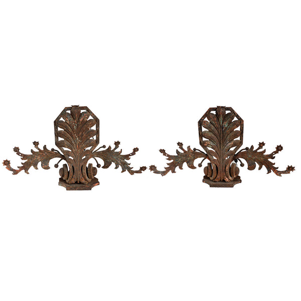 Near Pair of Large French Wrought Iron Foliate Scroll Three-Light Sconces