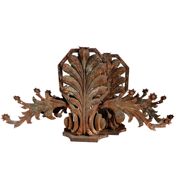 Near Pair of Large French Wrought Iron Foliate Scroll Three-Light Sconces