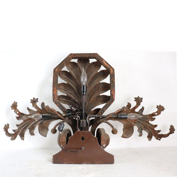 Near Pair of Large French Wrought Iron Foliate Scroll Three-Light Sconces