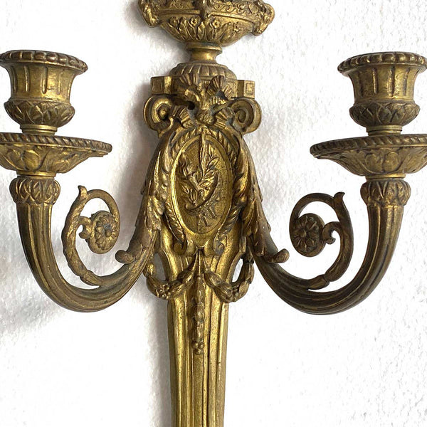 Pair of French Gilt Brass Louis XVI Revival Two-Arm Wall Sconces