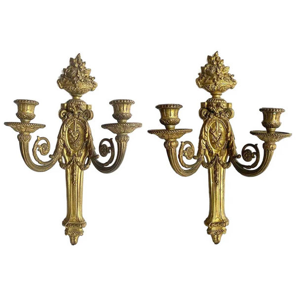 Pair of French Gilt Brass Louis XVI Revival Two-Arm Wall Sconces