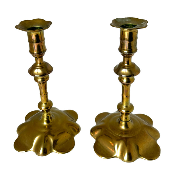Pair English Georgian Brass Petal-Base Candlesticks