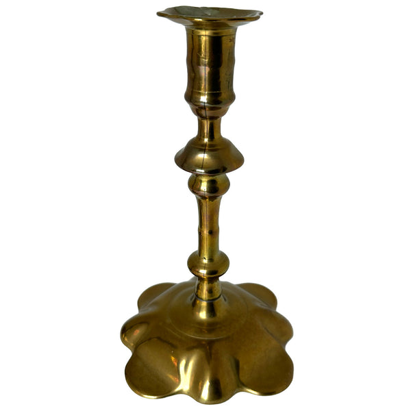 Pair English Georgian Brass Petal-Base Candlesticks