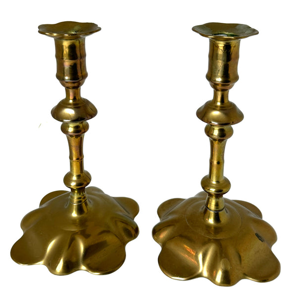 Pair English Georgian Brass Petal-Base Candlesticks