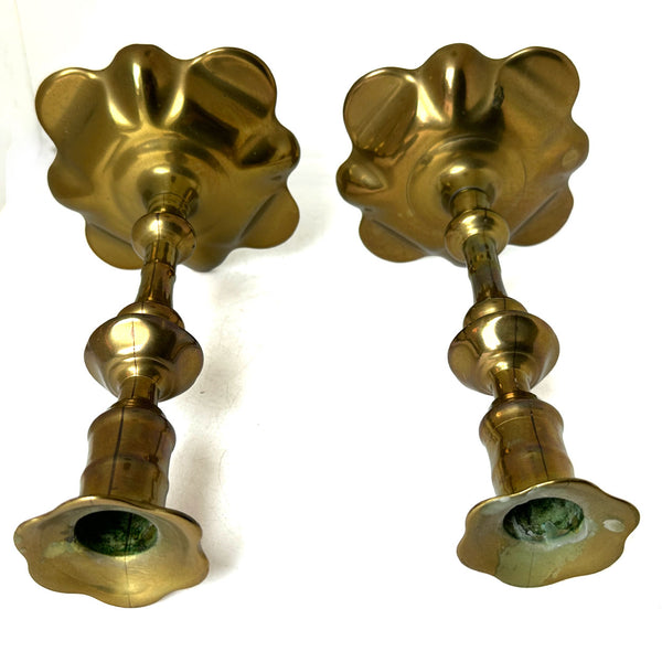 Pair English Georgian Brass Petal-Base Candlesticks