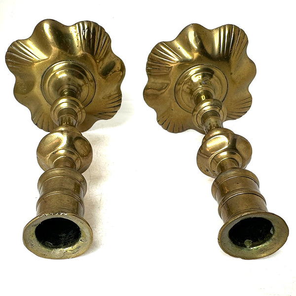 Pair English Georgian Brass Petal-Base Candlesticks