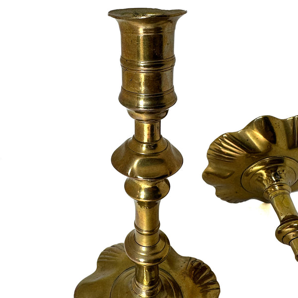 Pair English Georgian Brass Petal-Base Candlesticks