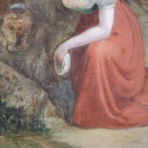 European School Oil on Canvas Painting, Young Girl Kneeling at the Well