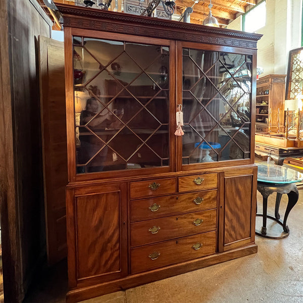 Large English Figured Mahogany and Glass Two-Part Breakfront Cabinet