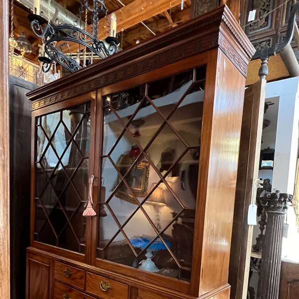 Large English Figured Mahogany and Glass Two-Part Breakfront Cabinet