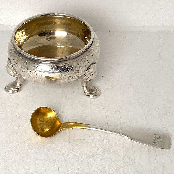 English George III Sterling Silver Open Salt with Silver Gilt Spoon