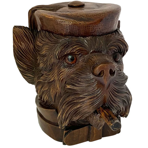 Swiss Black Forest Walnut Glass Eyes Terrier Dog Tobacco Jar