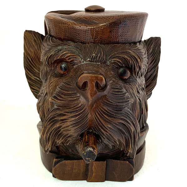 Swiss Black Forest Walnut Glass Eyes Terrier Dog Tobacco Jar