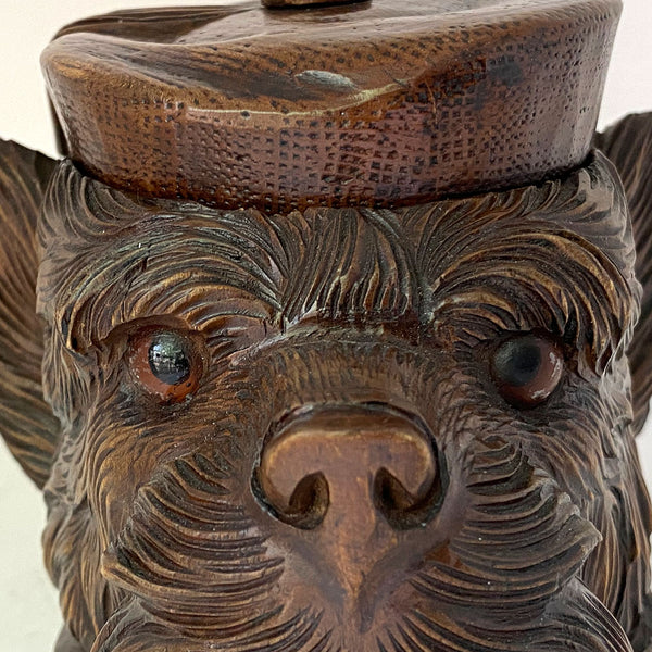 Swiss Black Forest Walnut Glass Eyes Terrier Dog Tobacco Jar