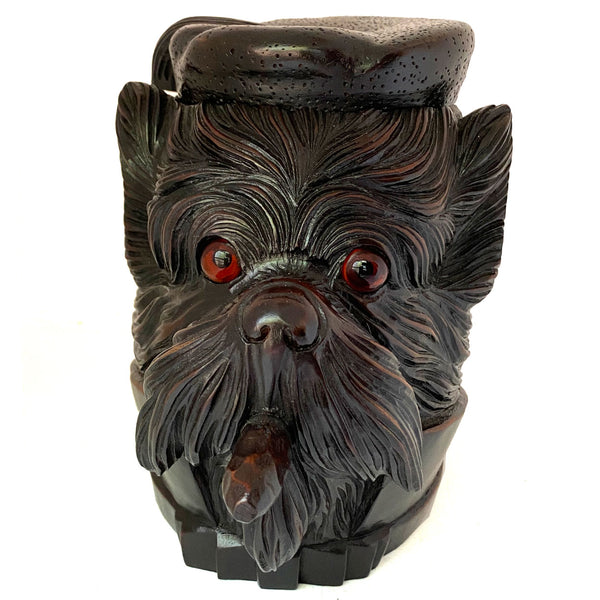 Swiss Black Forest Walnut Glass Eyes Terrier Dog Tobacco Jar