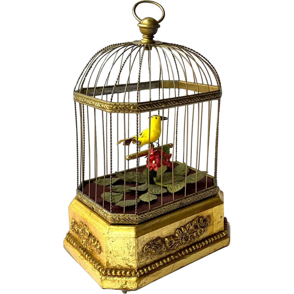 German Karl Griesbaum Giltwood and Brass Singing Bird Cage Music Box