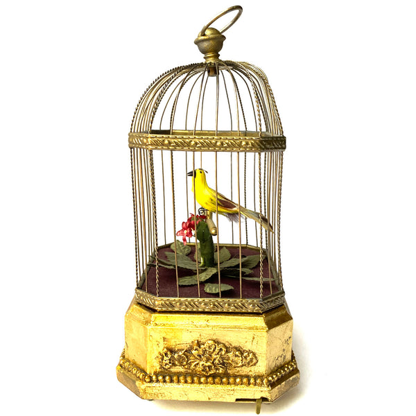 German Karl Griesbaum Giltwood and Brass Singing Bird Cage Music Box