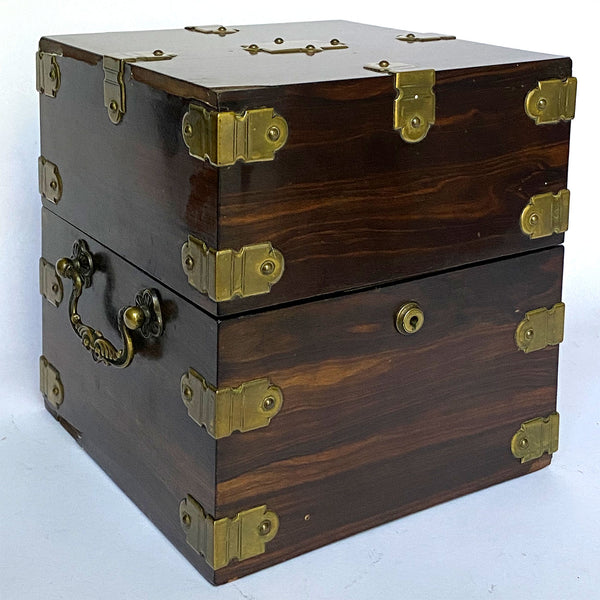 English Georgian Brass Mounted Coromandel and Glass Ship's Captain Liquor Chest