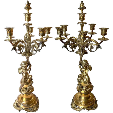 Large Pair French Napoleon III Silvered Bronze Putti Six-Light Candelabra