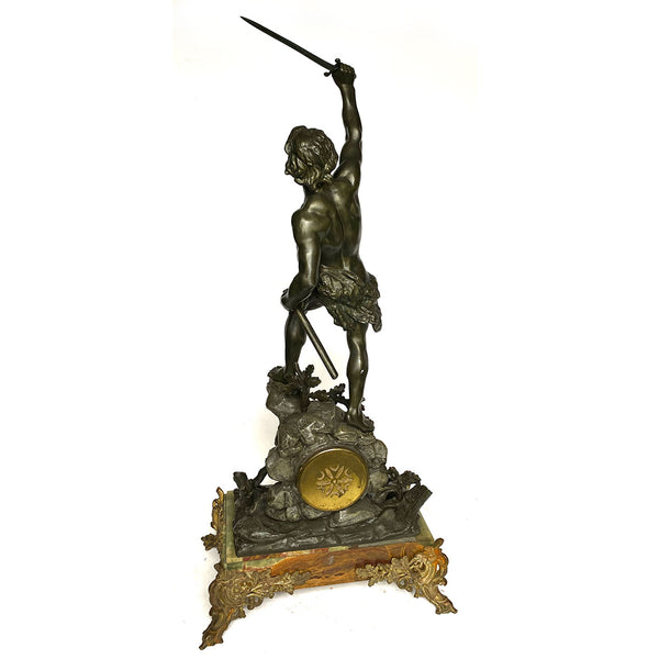 French Baillon St. Quentin Vincenti Spelter and Onyx Mantel Clock after Emile Laporte