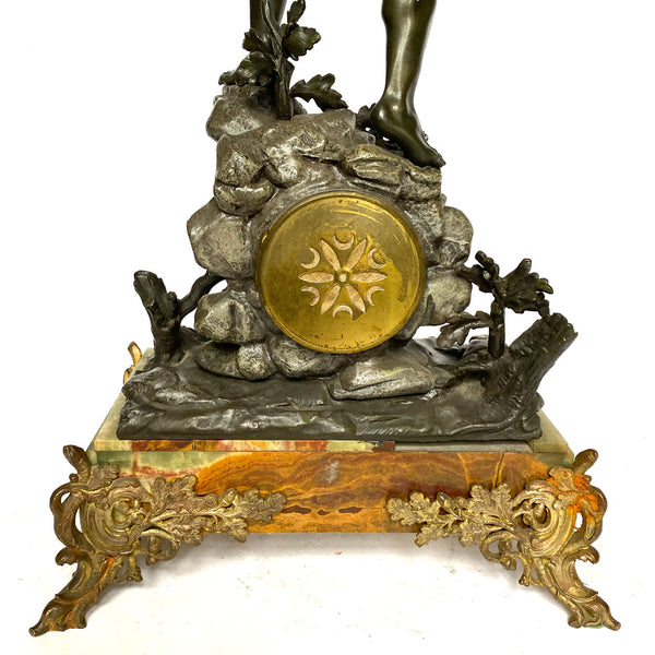 French Baillon St. Quentin Vincenti Spelter and Onyx Mantel Clock after Emile Laporte