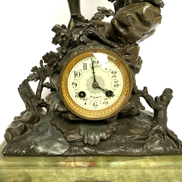 French Baillon St. Quentin Vincenti Spelter and Onyx Mantel Clock after Emile Laporte