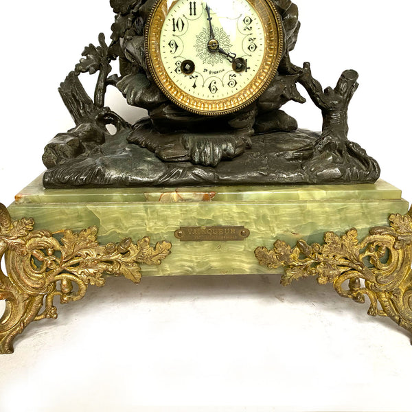 French Baillon St. Quentin Vincenti Spelter and Onyx Mantel Clock after Emile Laporte