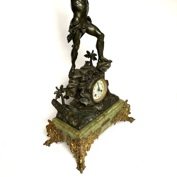 French Baillon St. Quentin Vincenti Spelter and Onyx Mantel Clock after Emile Laporte