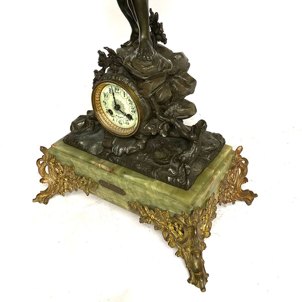 French Baillon St. Quentin Vincenti Spelter and Onyx Mantel Clock after Emile Laporte