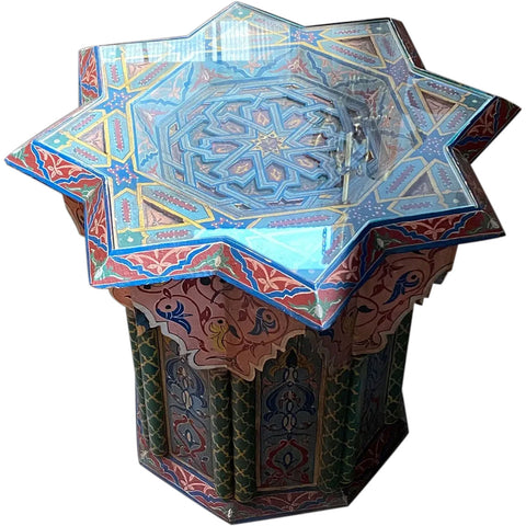 Vintage Moroccan Moorish Style Painted Wood Glass Top Star-Form Side Table