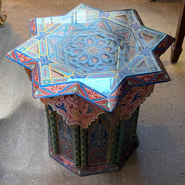 Vintage Moroccan Moorish Style Painted Wood Glass Top Star-Form Side Table