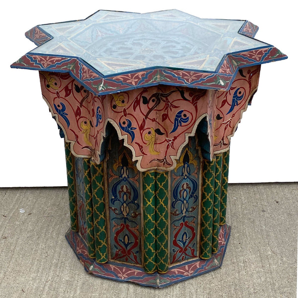 Vintage Moroccan Moorish Style Painted Wood Glass Top Star-Form Side Table