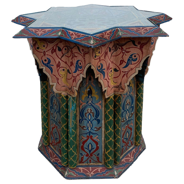 Vintage Moroccan Moorish Style Painted Wood Glass Top Star-Form Side Table